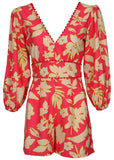 Linen Balloon Sleeve Romper Warm Block Floral