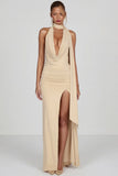 Soft Jersey Plunge Halterneck Maxi Dress in Champagne