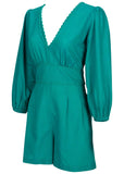 Linen Balloon Sleeve Romper Tropical Green