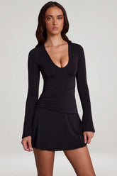 Soft Jersey Scoop Neck Flared Mini Dress in Black