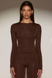 Embellished Crew Neck Long Sleeve Top in Chocolate Brown