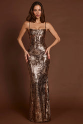 Embellished Straight Neck Maxi Dress in Black Gold Foil