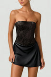 Embellished Draped Strapless A Line Mini Dress in Black