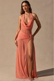 Cowl Neck Plunge Maxi Dress in Coral