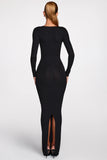 Ribbed Modal Long Sleeve Plunge Maxi Dress in Black