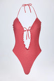 Ruffled Cut Out Halterneck Swimsuit in Red Gingham