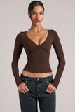 V Neck Long Sleeve Top in Chocolate Brown