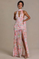 Embellished Scarf Detail Maxi Dress in Pink Floral Print