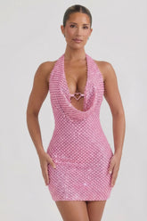 Embellished Heart Detail Cowl Neck Mini Dress in Pink