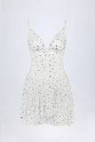 Embellished Ruffled Tiered Mini Dress in White