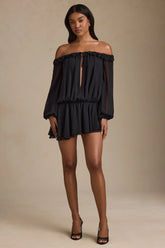 Off Shoulder Asymmetric Balloon Sleeve Mini Dress in Black