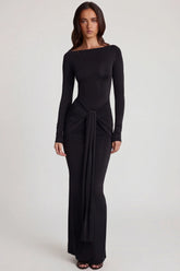 Soft Jersey Boat Neck Tie Gather Maxi Dress in Black