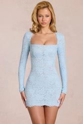 Scalloped Lace Long Sleeve Mini Dress in Powder Blue
