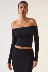 Modal Off Shoulder Long Sleeve Top in Black