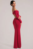 Off Shoulder Long Sleeve Maxi Dress in Cherry Red