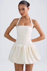 Halterneck Lace Up Bubble Hem Corset Micro Mini Dress in Ivory