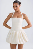 Halterneck Lace Up Bubble Hem Corset Micro Mini Dress in Ivory
