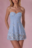 Embellished Bandeau Mini Dress in Sky Blue