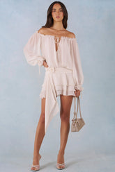 Off Shoulder Balloon Sleeve Mini Dress in Ivory