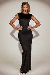 Satin Boat Neck Twist Back Maxi Dress in Black