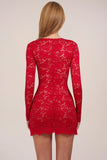 Sheer Scalloped Lace Long Sleeve Mini Dress in Rose Red