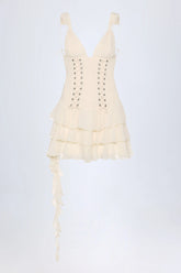 Lace Up Ruffled Tiered Mini Dress in Ivory