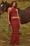 Ruffled Mid Rise Maxi Skirt in Burnt Red