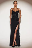 Embellished Cowl Neck Ruffled Gown Dress in Black