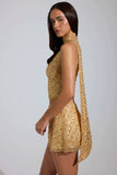Embellished Low Rise A Line Micro Mini Skirt in Gold