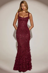 Embellished Appliqué Soft Scoop Corset Gown in Wine Red