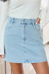Adrian Studded Light Wash Denim Mini Skirt