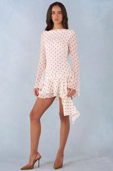 Long Sleeve Open Back Mini Dress in Ivory Polka Dot Print