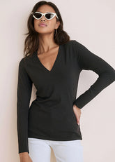 Ribbed Long Sleeve V Neck Black
