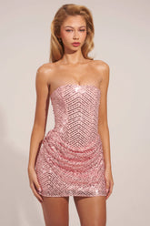Embellished Draped Strapless A Line Mini Dress in Blush Pink