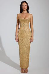 Embellished Cowl Neck Maxi Dress in Gold