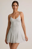 Modal Ribbed Tie Back A Line Mini Dress in Blue Yellow Stripe