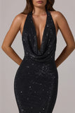Embellished Cowl Neck Backless Gown in Black