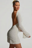 Embellished Open Back A Line Mini Dress in White