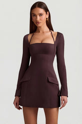 Pinstripe Structured A Line Mini Dress in Chocolate Brown