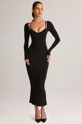 Modal Peekaboo Long Sleeve Midi Dress in Black