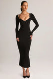 Modal Peekaboo Long Sleeve Midi Dress in Black