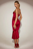 Satin Lace Trim Bandeau Fluted Midaxi Dress in True Red
