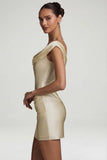 Satin Off Shoulder Draped Mini Dress in Ivory