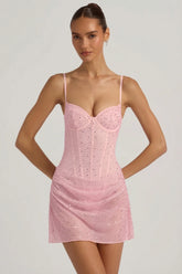 Semi Sheer Embellished Draped Corset Mini Dress in Pink