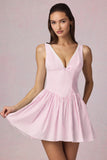 Bow Detail A Line Mini Dress in Soft Mauve Stripe