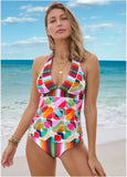 Athens Halter Tankini Top Watercolor Geo Combo