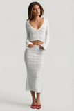 Ruffle Trim Pointelle Knit Midaxi Skirt in White