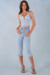 Mid Rise Denim Capri Jeans in Light Denim