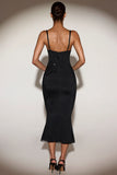Embellished Peekaboo Fluted Hem Midaxi Dress in Black