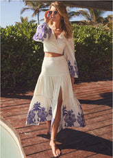 Printed Linen Two Piece Set Purple Paisley Border